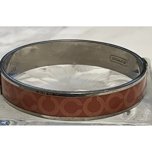 COACH Bangle Bracelet Signature Logo C Orange Enamel Silverplate Stackable - Picture 3 of 5